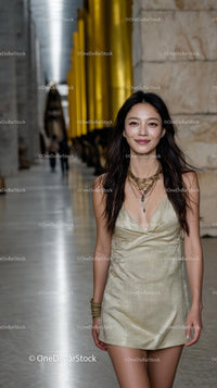 Elegant Woman in Gold Dress in Modern Architectural Space