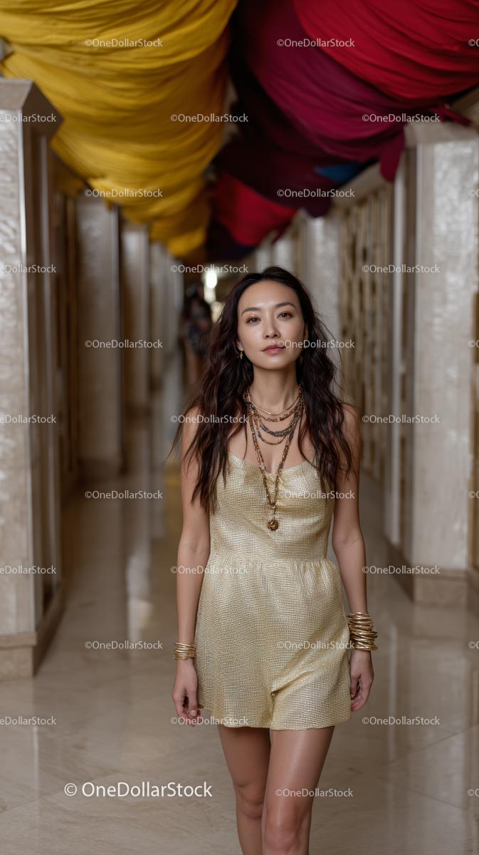 Elegant Woman in Gold Dress in Luxurious Hallway