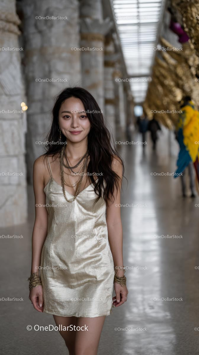Elegant Woman in Gold Dress Walking in Modern Corridor