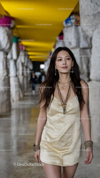 Stylish Woman Walking in Urban Corridor with Yellow Ceiling