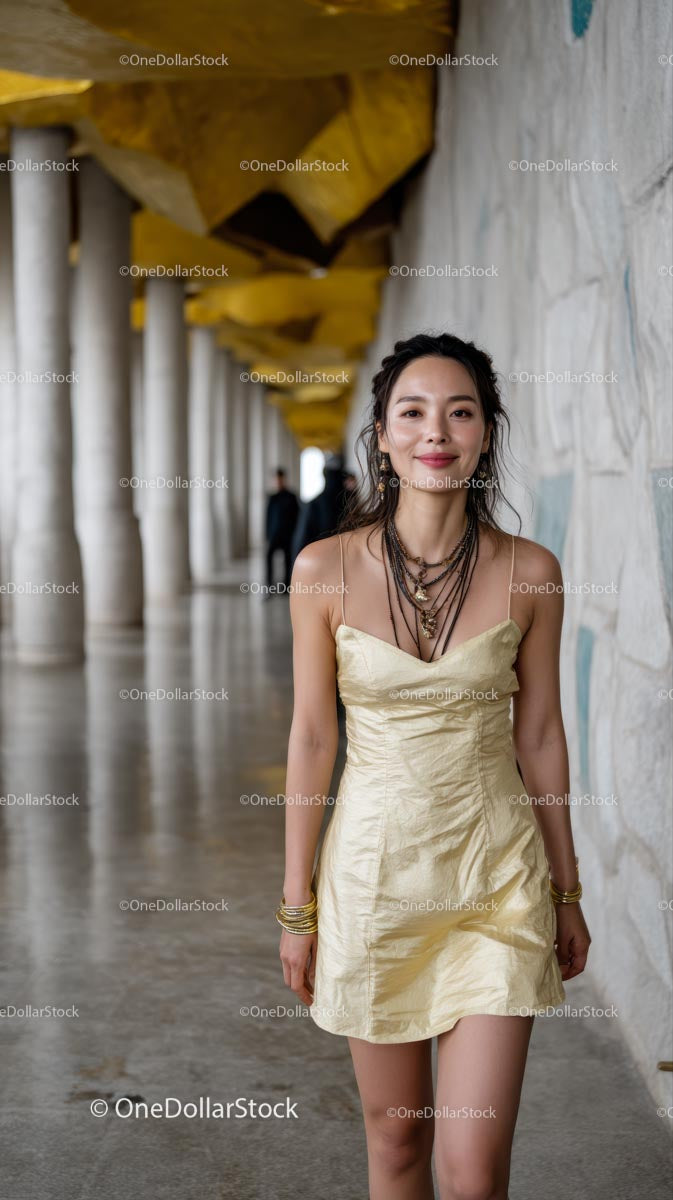 Stylish Woman in Yellow Dress with Gold Necklace
