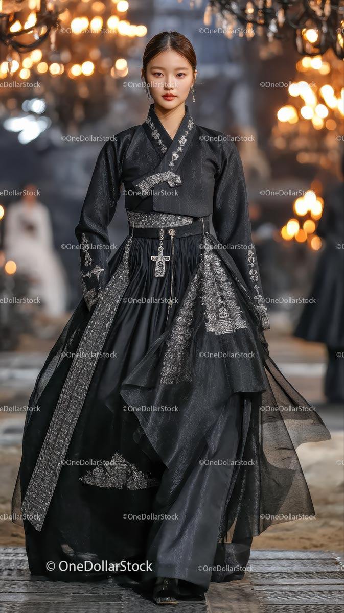 Elegancka modelka w czarnym tradycyjnym stroju na wybiegu