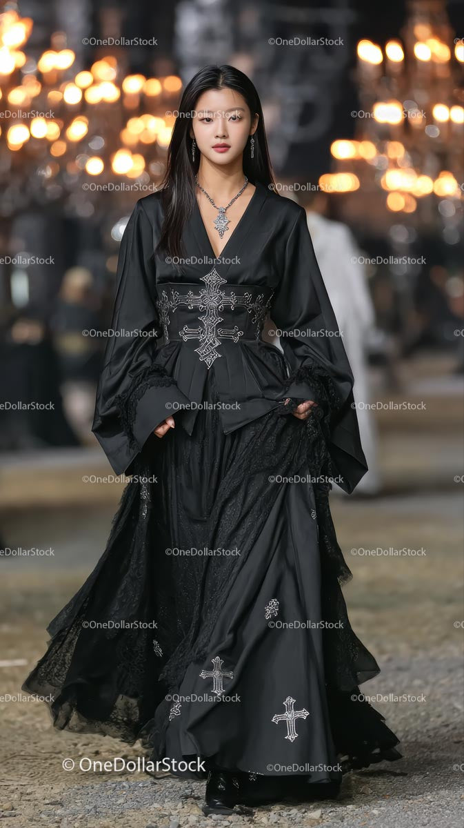 Glamorous Model in Elegant Gothic Black Dress on Runway