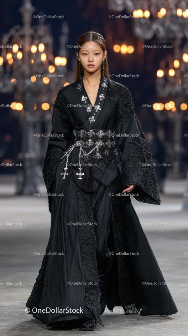 Elegant Model in Black Haute Couture Gown on Fashion Runway