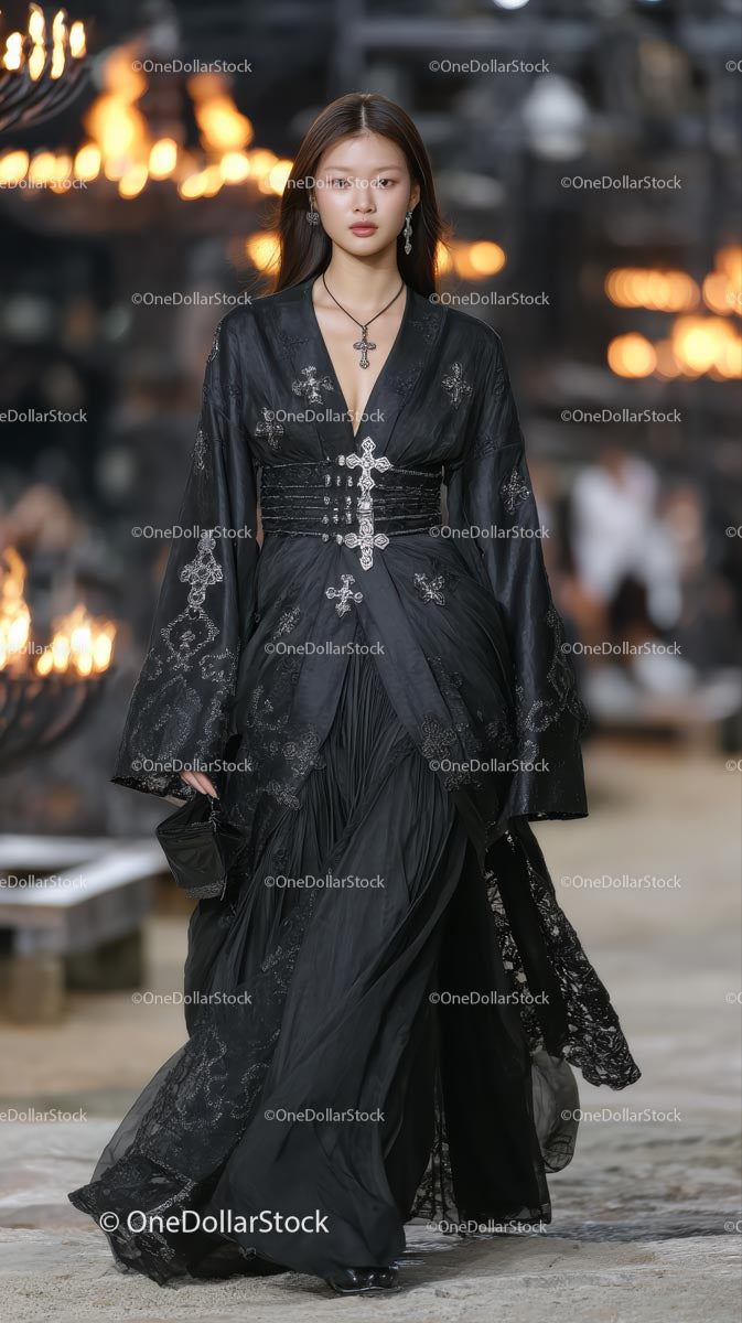 Modelka w eleganckiej czarnej sukience inspirowanej stylem gotyckim na wybiegu