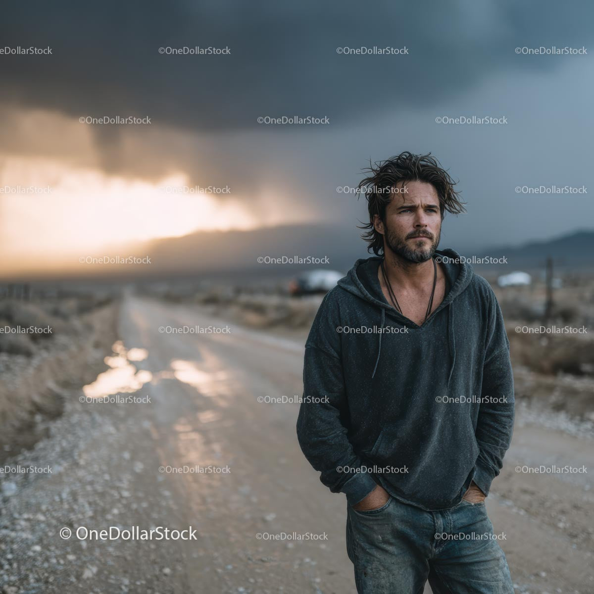 Pensive Man on Dusty Road Under Dramatic Storm Clouds