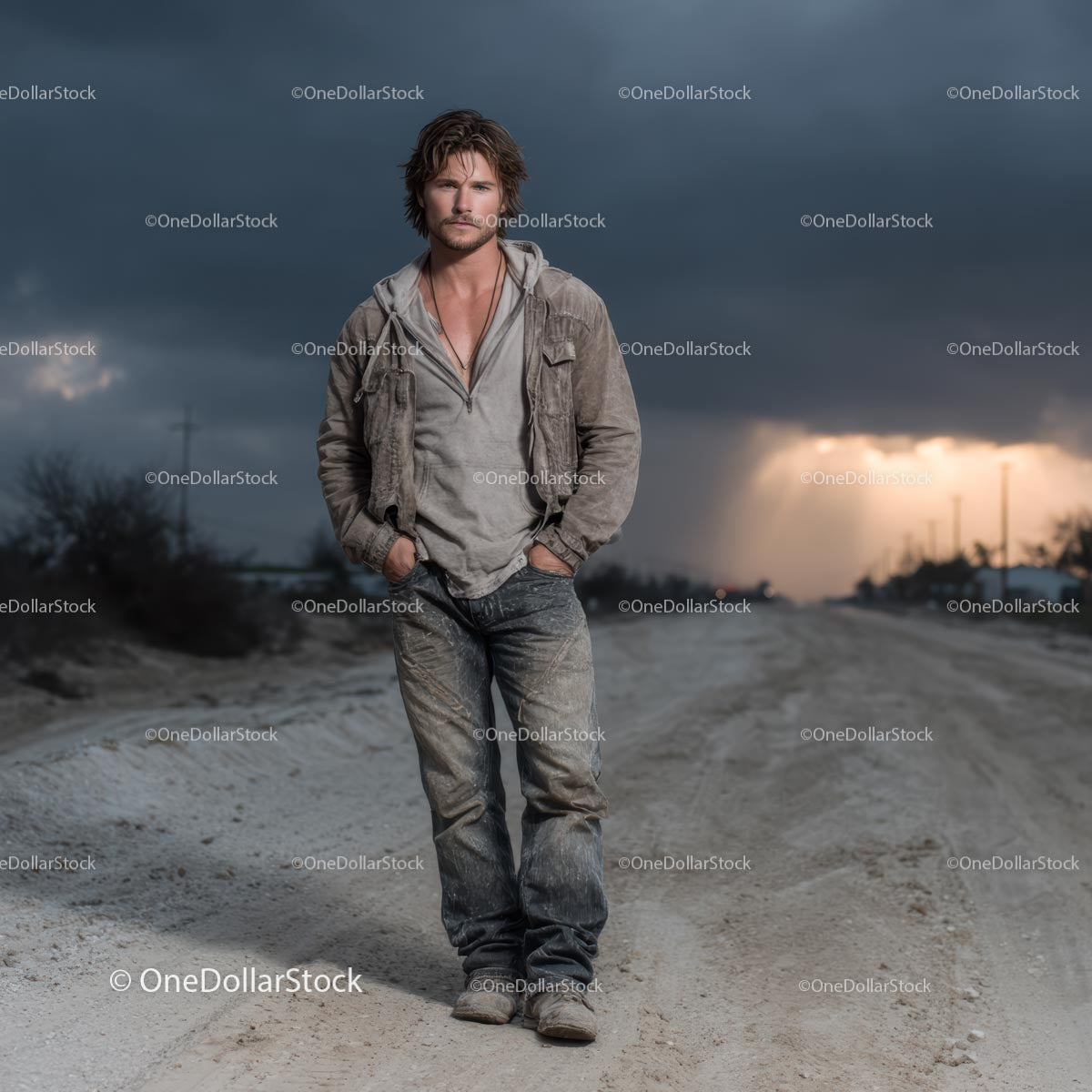 Rugged Man Standing on Dirt Road Under Dramatic Stormy Sky