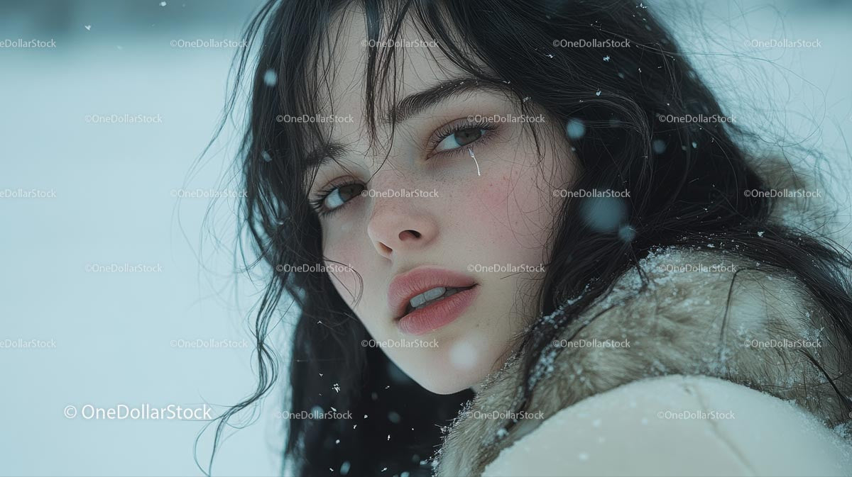 Portret kobiety na śniegu z pogodnym wyrazem twarzy