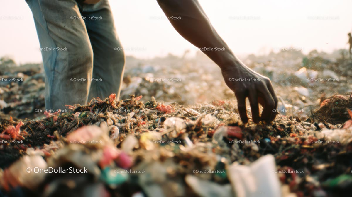 Hand Picking Waste in Landfill Site at Sunset