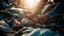 Hands Sorting Waste in Sunlit Landfill Environment
