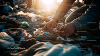 Hands Sorting Waste in Sunlit Landfill Environment