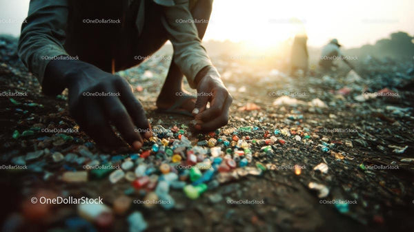 Ręka Zbierająca Kolorowe Plastikowe Odpady o Zachodzie Słońca