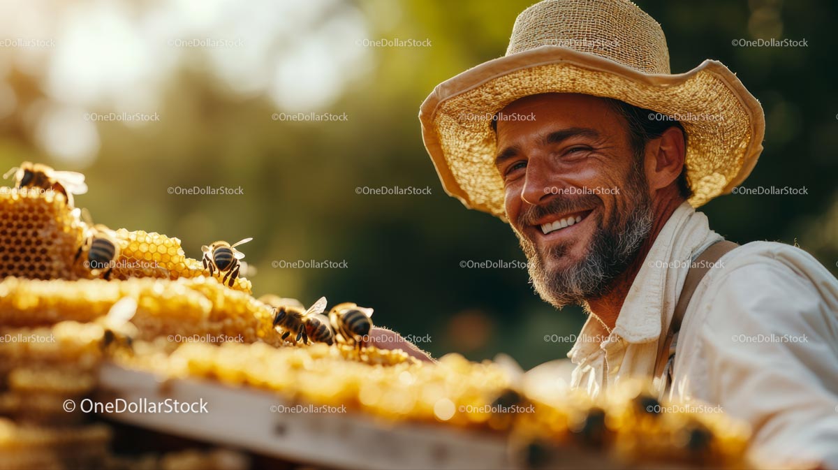 Smiling Beekeeper with Bees and Honeycombs in Sunlight