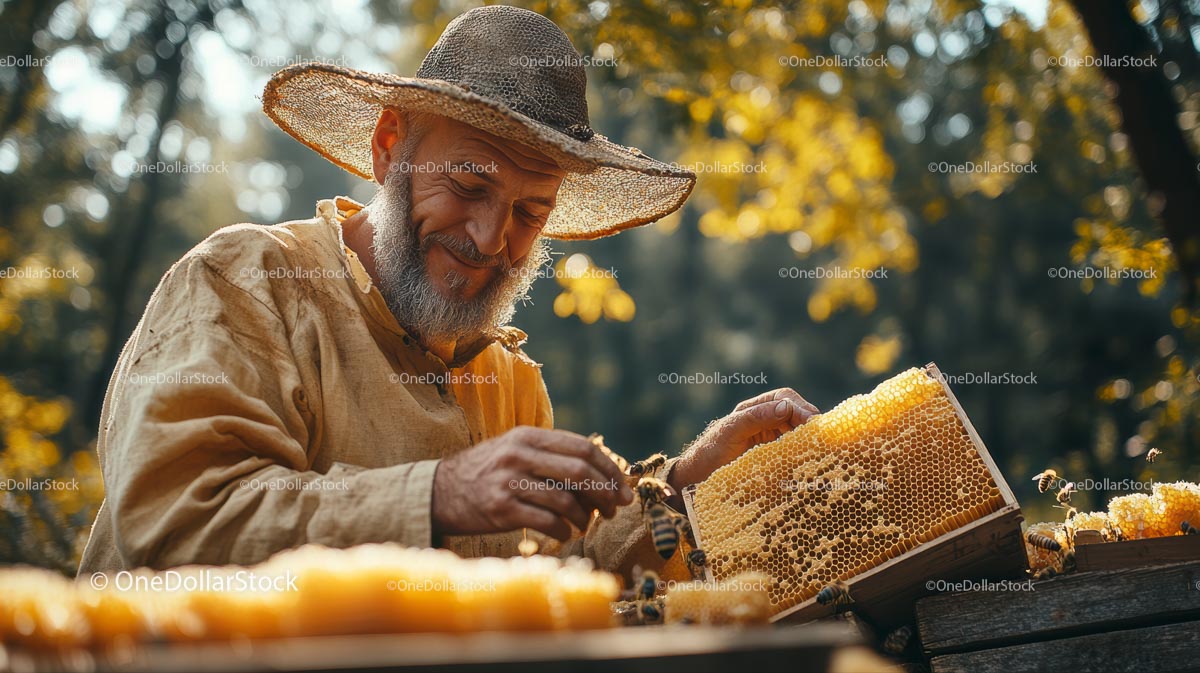 Beekeeper Harvesting Honeycomb in Sunlit Apiary