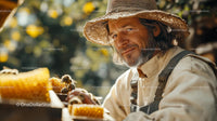 Beekeeper in Straw Hat Working with Bees and Honeycomb