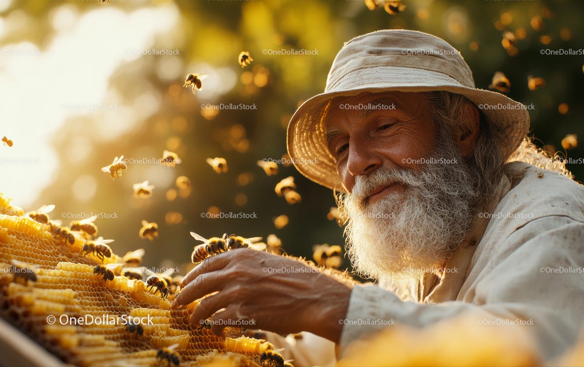 Elderly Beekeeper Inspecting Honeycomb in Sunlit Apiary