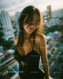 Confident Woman in Black Dress Overlooking City Skyline