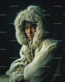 Young Person in a Warm Fur Coat Against a Dark Background