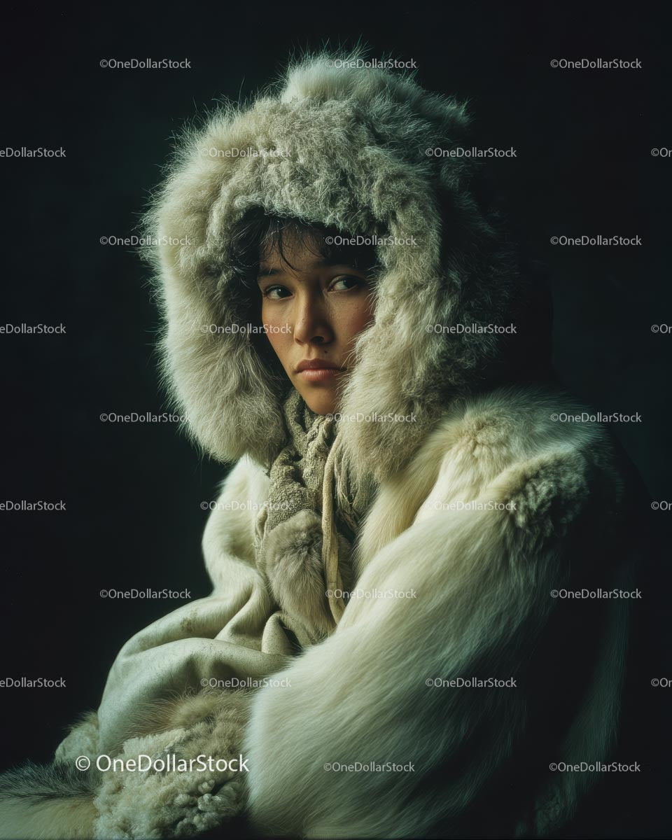 Young Person in a Warm Fur Coat Against a Dark Background