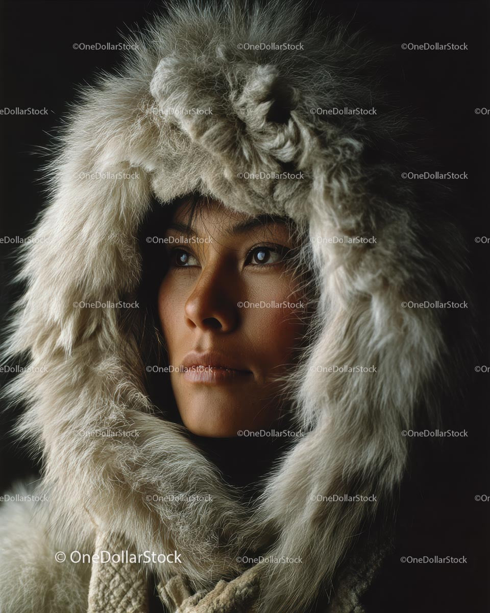 Warm Fur Hooded Winter Portrait with Introspective Gaze