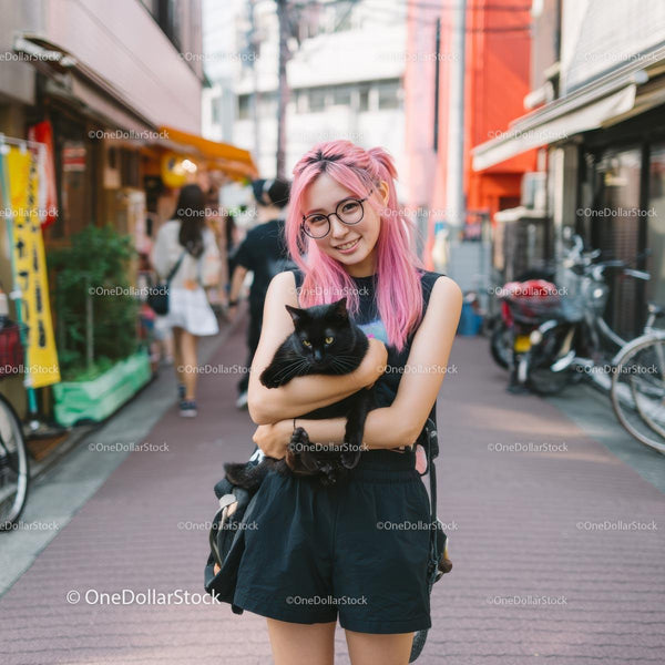 Smiling Girl with Pink Hair Holding Black Cat on City Street