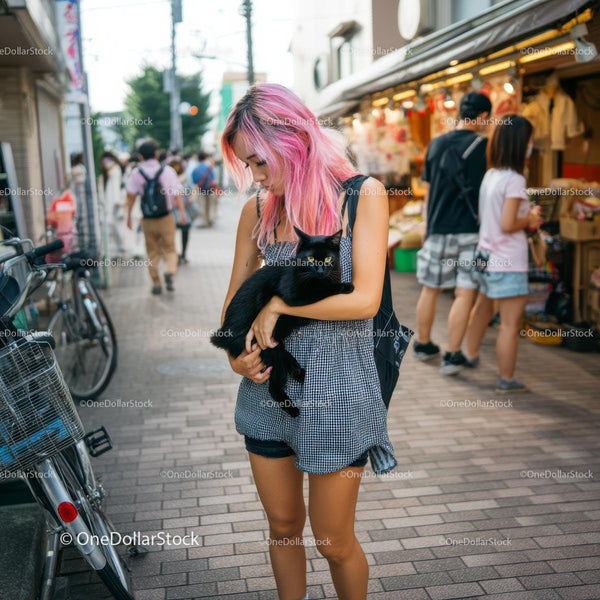 Young Woman with Pink Hair Holding Black Cat in City