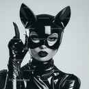 Glamorous Catwoman in Black Latex Costume and Mask