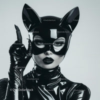 Glamorous Catwoman in Black Latex Costume and Mask