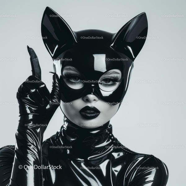 Glamorous Catwoman in Black Latex Costume and Mask