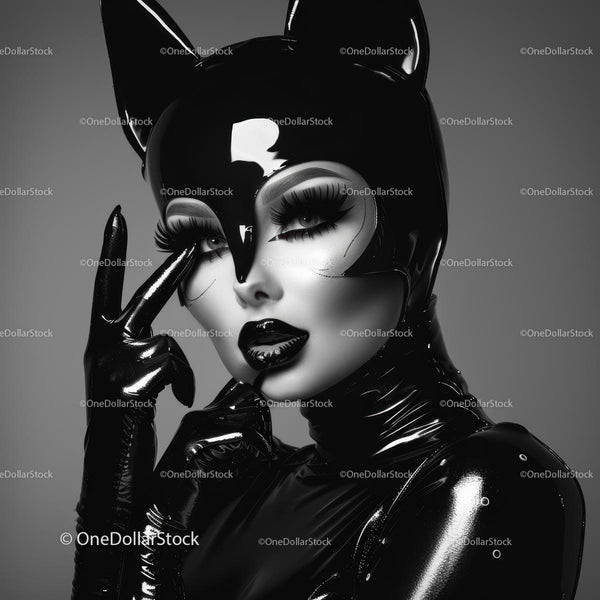 Glamorous Catwoman in Black Latex Costume