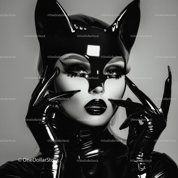 Dramatic Black and White Catwoman in Glossy Latex