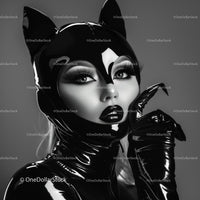 Glamorous Catwoman in Black Latex Costume