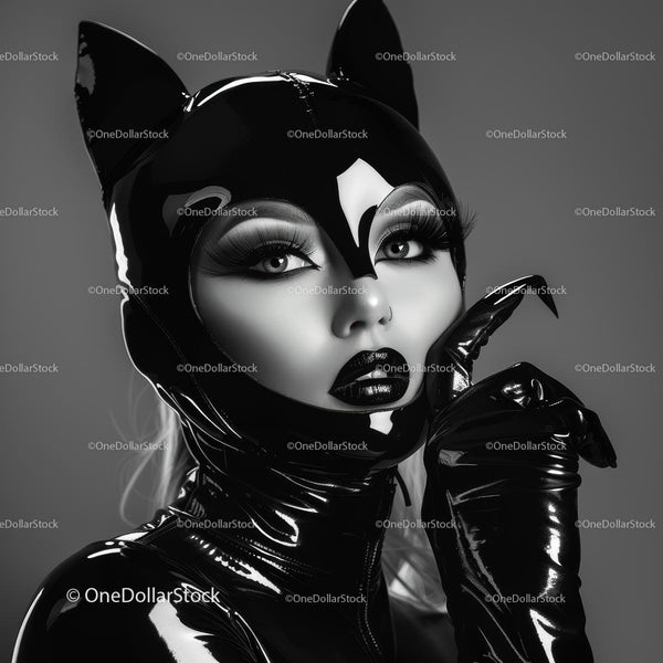 Glamorous Catwoman in Black Latex Costume