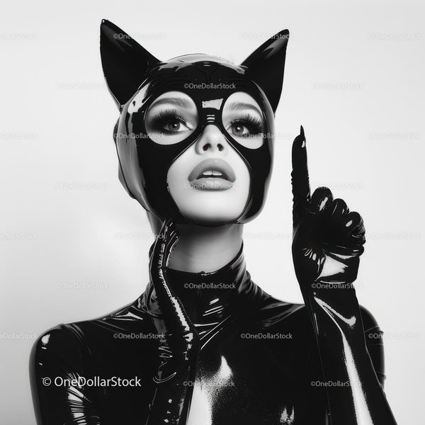 Woman in Sleek Black Latex Cat Costume Striking a Pose