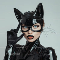Mysterious Woman in Black Latex Cat Costume