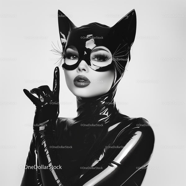 Mysterious Woman in Black Cat-Like Latex Costume