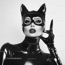 Woman in Black Latex Cat Mask with Bold Makeup