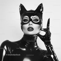 Woman in Black Latex Cat Mask with Bold Makeup