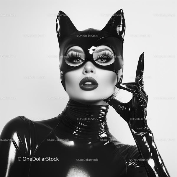 Woman in Black Latex Cat Mask with Bold Makeup
