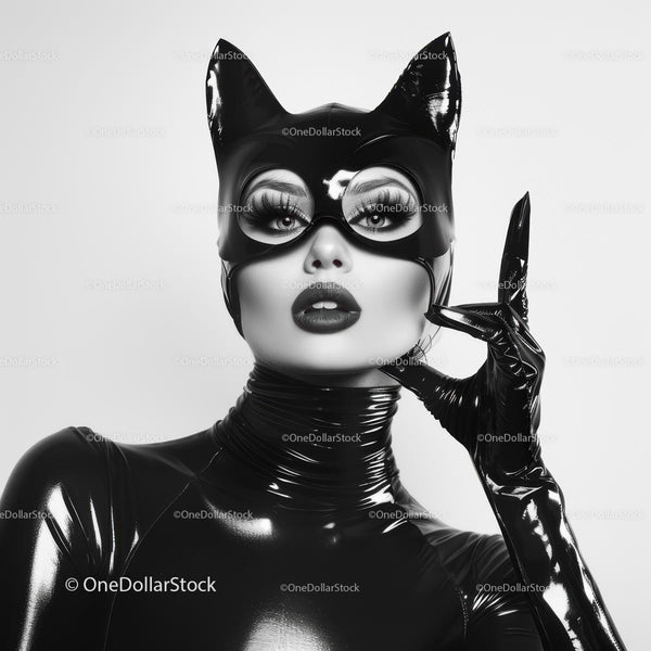 Elegant Woman in Glossy Catwoman Costume