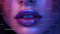 Close-Up of Glittering Purple Lips with Glamorous Makeup
