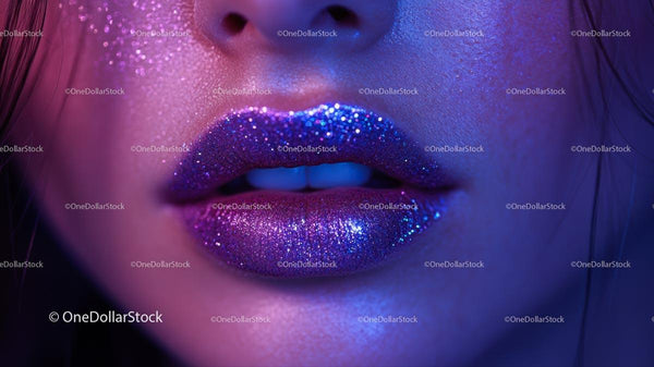 Close-Up of Glittering Purple Lips with Glamorous Makeup
