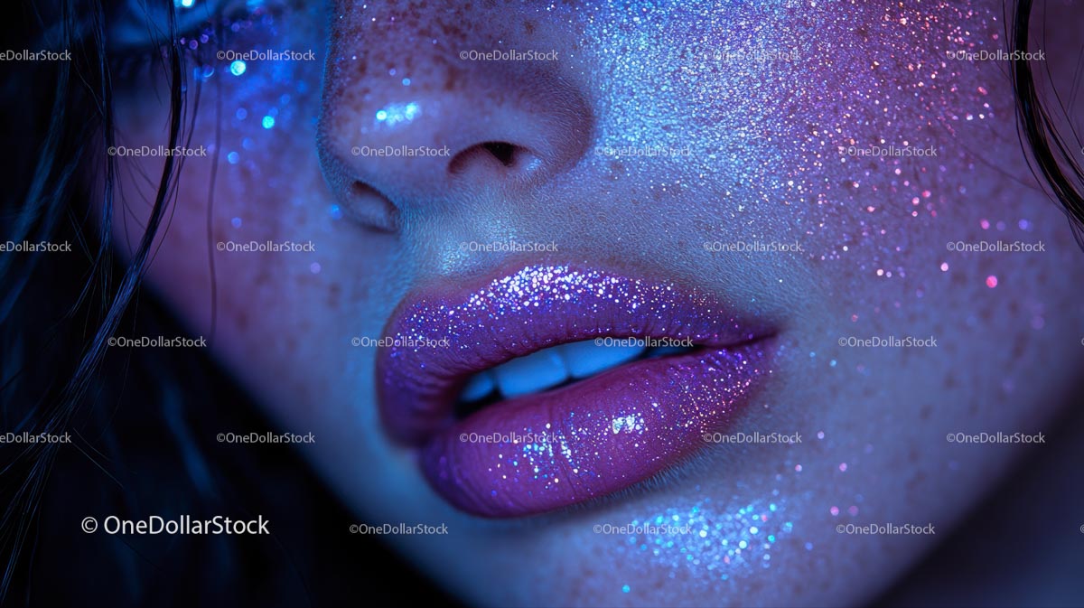 Close-Up of Glittery Lips in Vibrant Blue Light