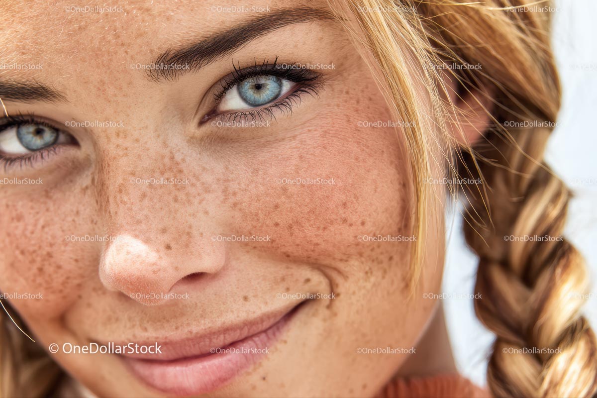 Freckled Woman With Blue Eyes and Braided Hair