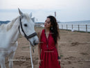 Woman in Red Dress with White Horse on a Beach