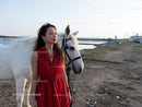 Woman in Red Dress with White Horse By the Sea
