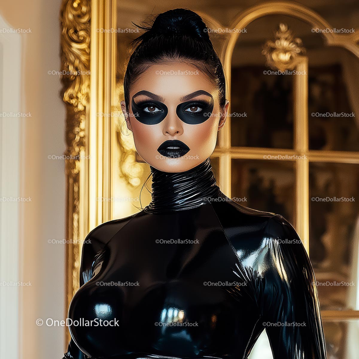 Chic Woman in Black Latex with Bold Makeup