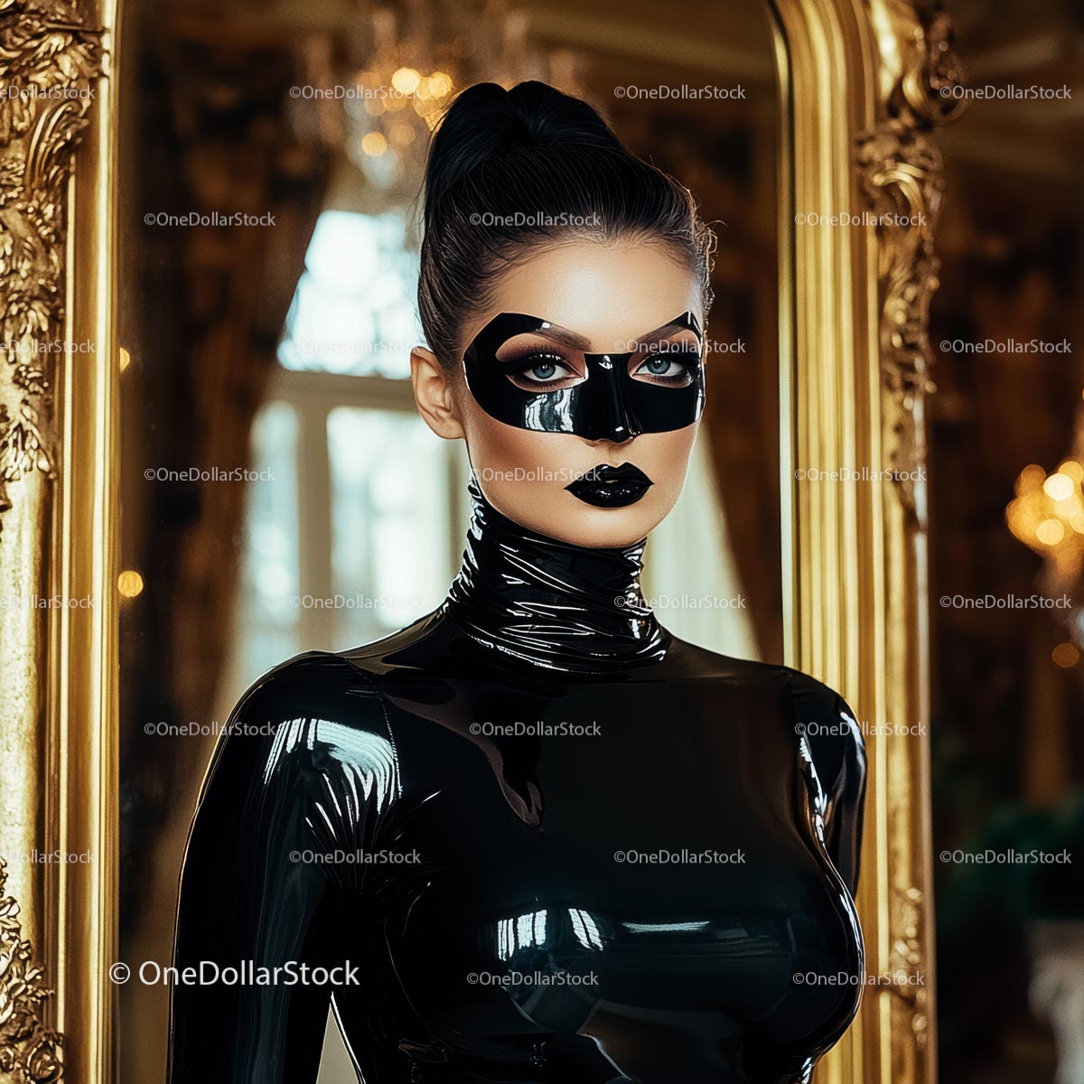 Mysterious Woman in Black Latex and Ornate Mask