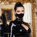 Woman in Stylish Black Latex Outfit with Mask