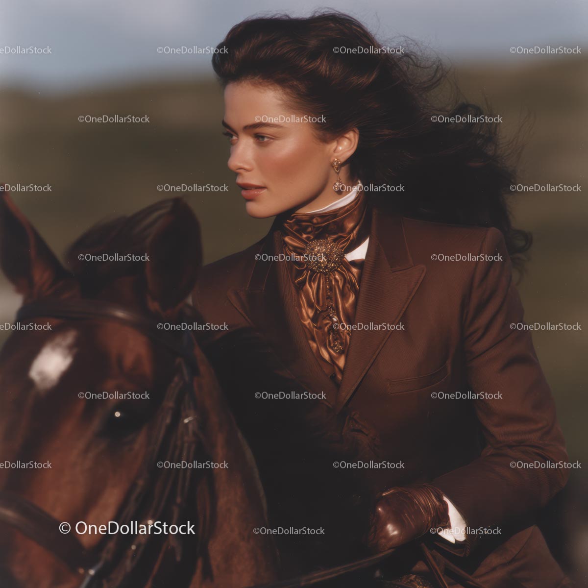 Elegant Woman Riding Horse in Vintage Equestrian Attire